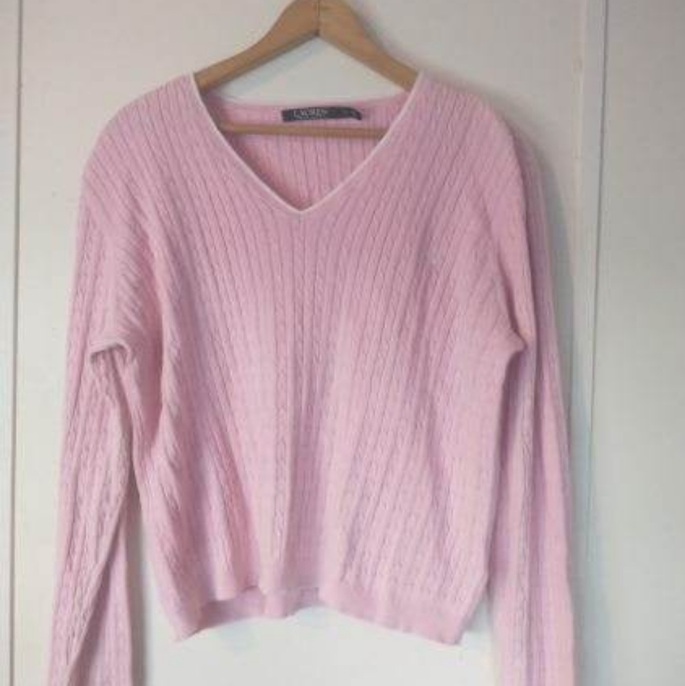 Ralph Lauren Sweater X-Large Pink Women Cable-Knit V-Neck Embroidered RLL